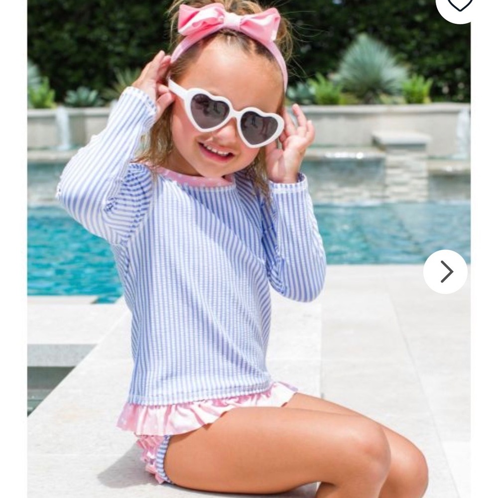 RuffleButts Rash Guard 4T Blue White Stripe NWT UPF 50+ Ruffle Floral Swim Top